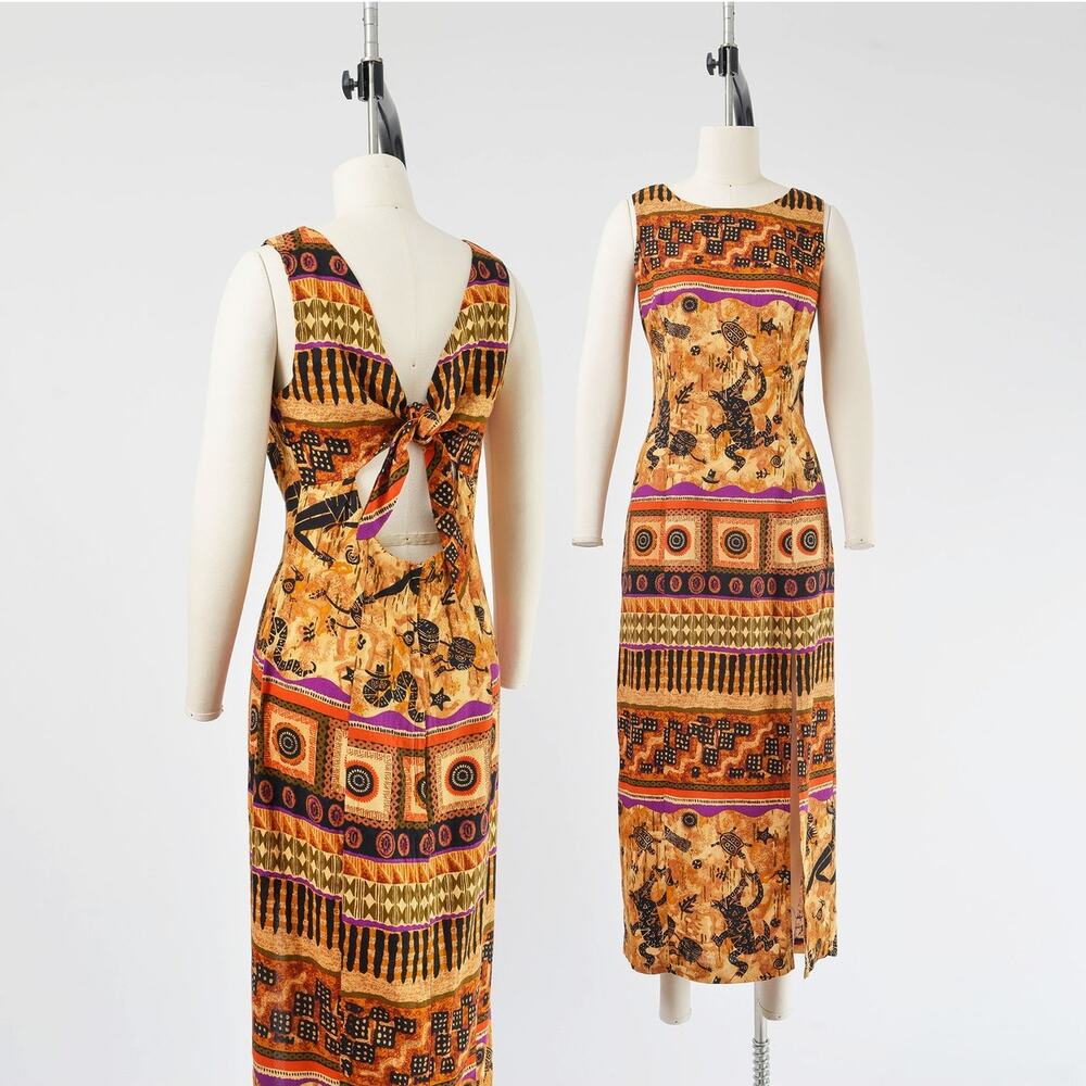 Vintage 90s Ethnic Tribal Cut Out Open Back Boho Striped Slit Maxi Dress M
